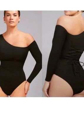 TA3 Black One Shoulder Long Sleeve Bodysuit Shapewear sculpting tummy control